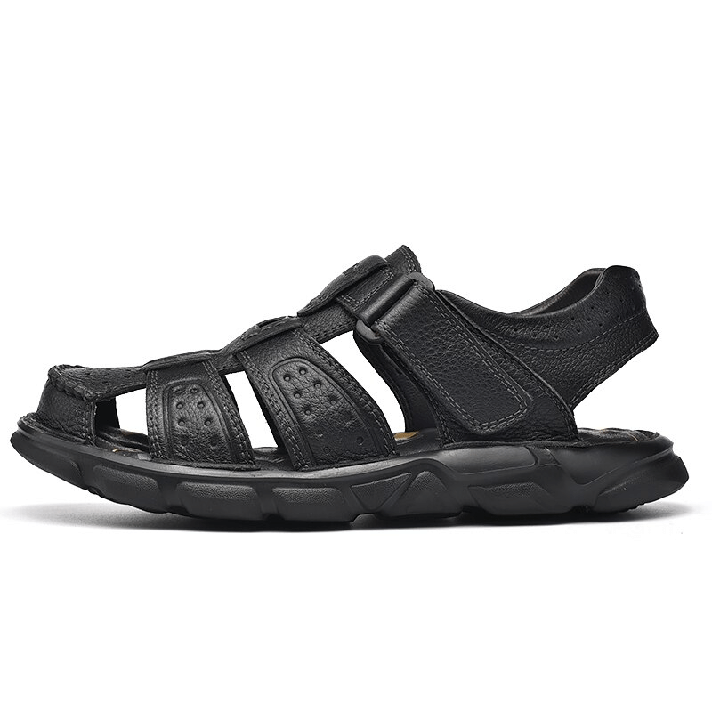 Men's genuine leather trekking sandals with anti-collision toes, soft soles, adjustable fit, and rugged grip. Ideal for hiking adventures.